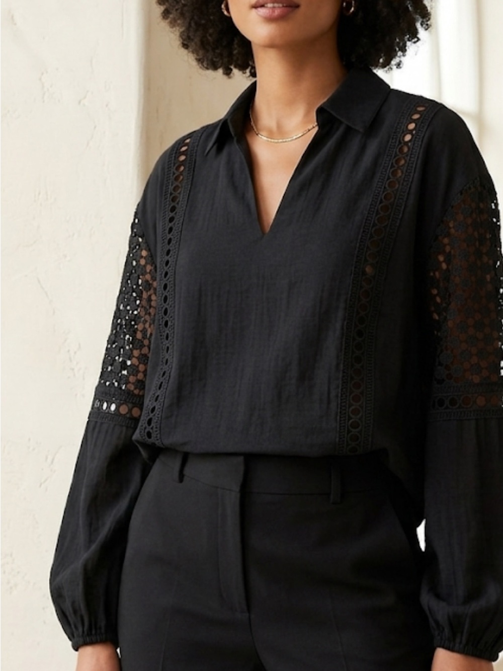 Tuckernuck Janie Black Crochet-Inset V-Neck Collared Blouse NWT